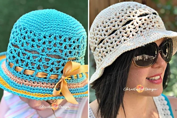 crochet sunhats in white and blue