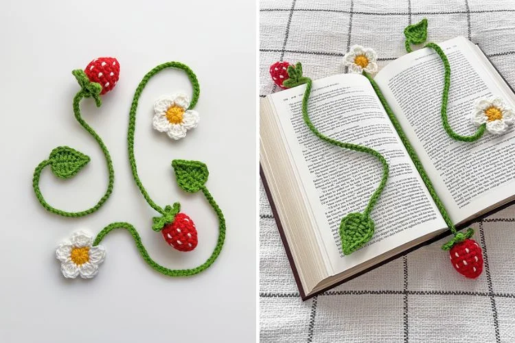 a crochet strawberry bookmark