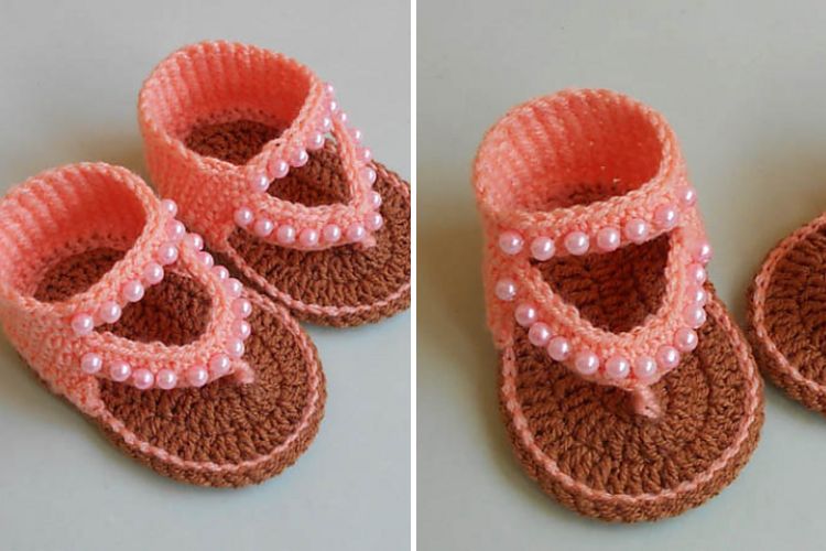 a pair of crochet baby sandals with beads