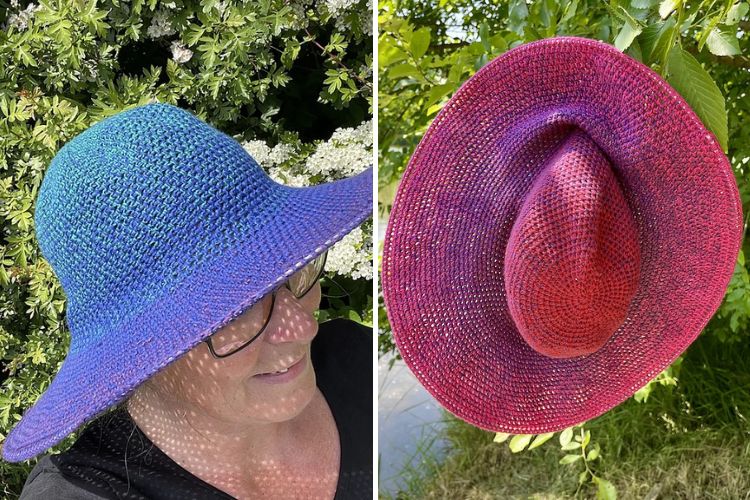 a crochet summer hat with a wide brim in blue and purple