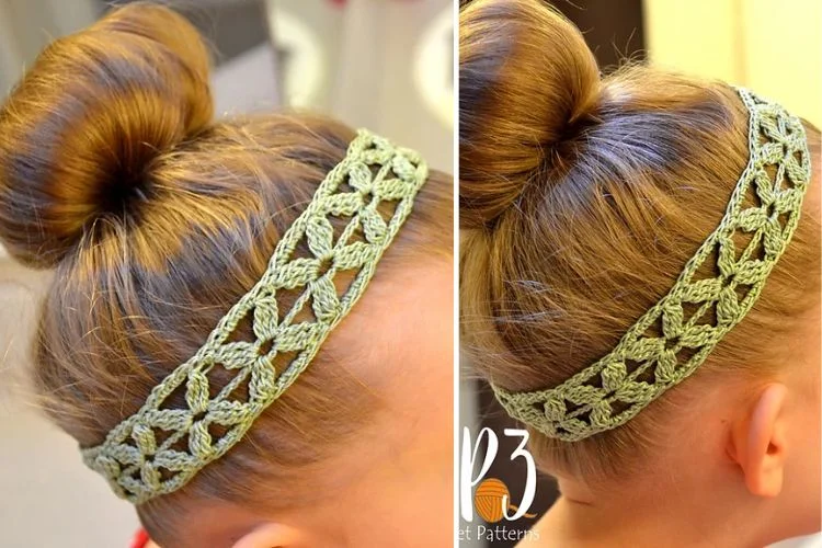 a girl wearing a crochet flower headband in green