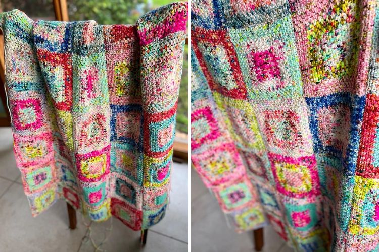 a colorful crochet patchwork blanket made of squares