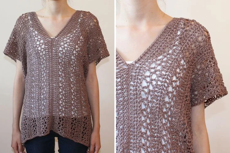 a woman wearing a crochet lace top in a dark neutral color