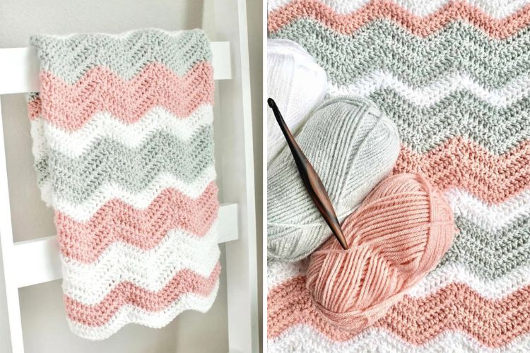 a crochet ripple baby blanket in pastel colors