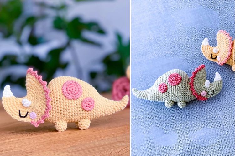 a crochet dinosaur amigurumi in two colors