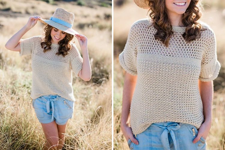 a woman wearing a simple crochet top in a neutral cokor