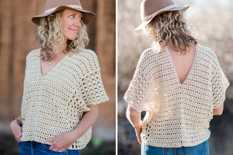 a woman wearing a crochet lace top in a light color