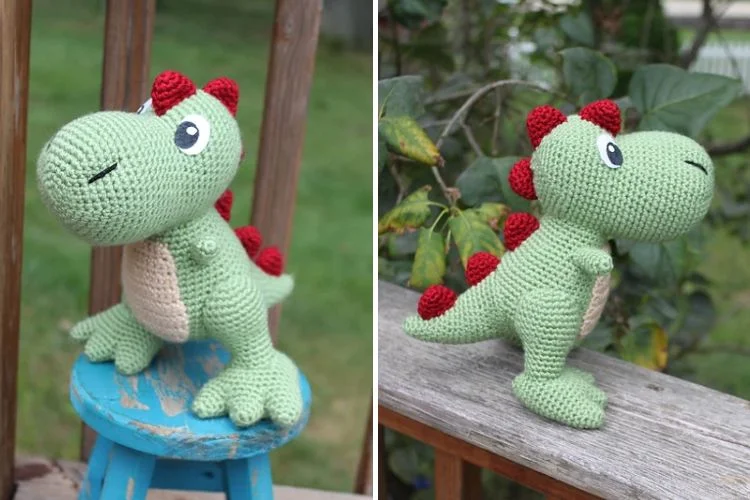 a gree crocheted dinosaur amigurumi