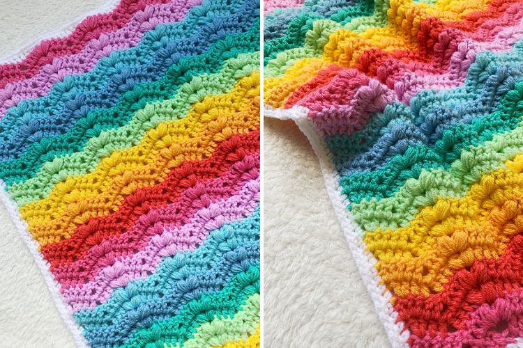 a colorful crochet baby blanket with a ripple pattern