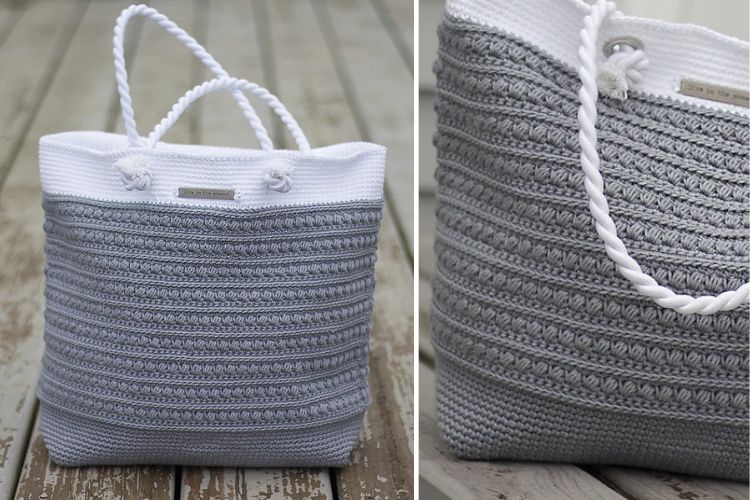 a grey big crochet tote bag