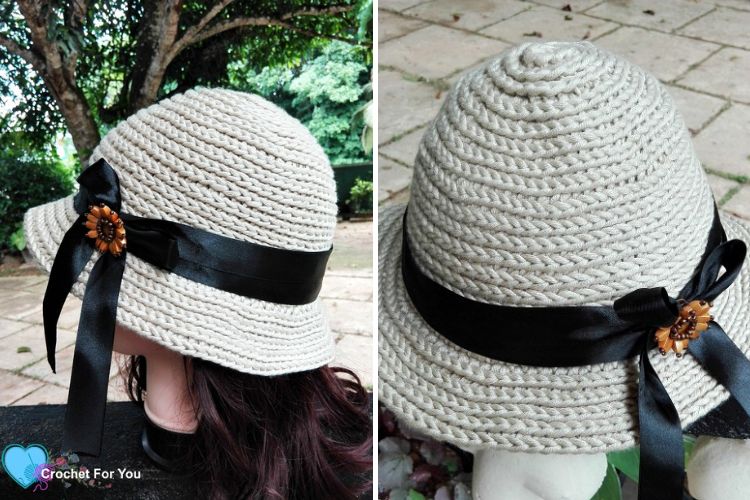 a crochet summer hat with a big ribbon