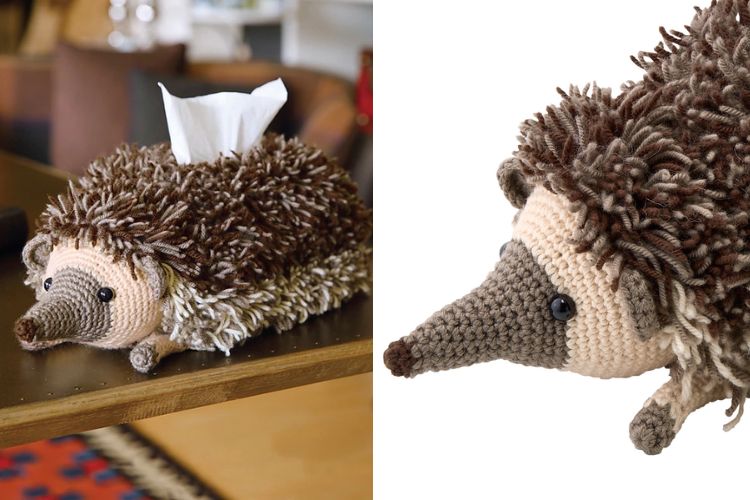 a crochet tissue box cover shaped like a hedgehog