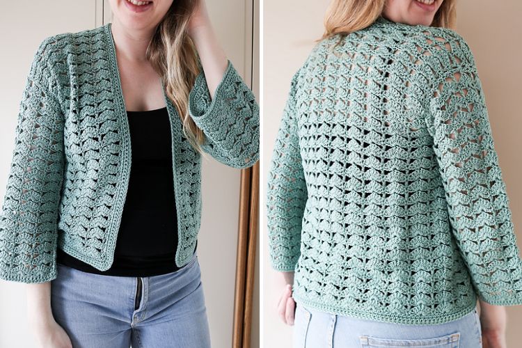 a woman wearing a crochet shell stitch cardigan