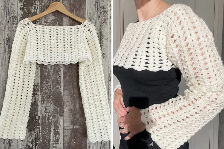 a white crochet crop top with long sleeves