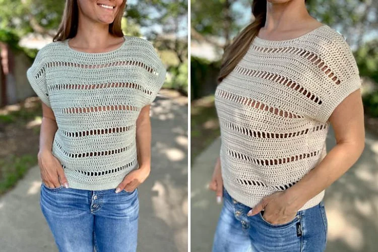 a woman wearing a white lace crochet top