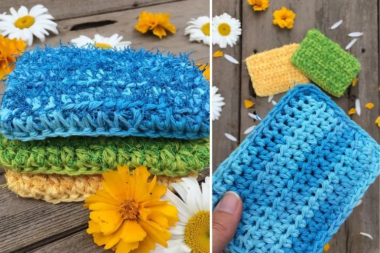 a set of crochet kitchen scrubbies