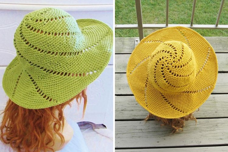 a crochet hat in green and yellow