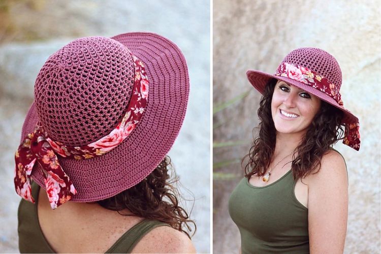 a woman wearing a purple crochet hat with ribbon