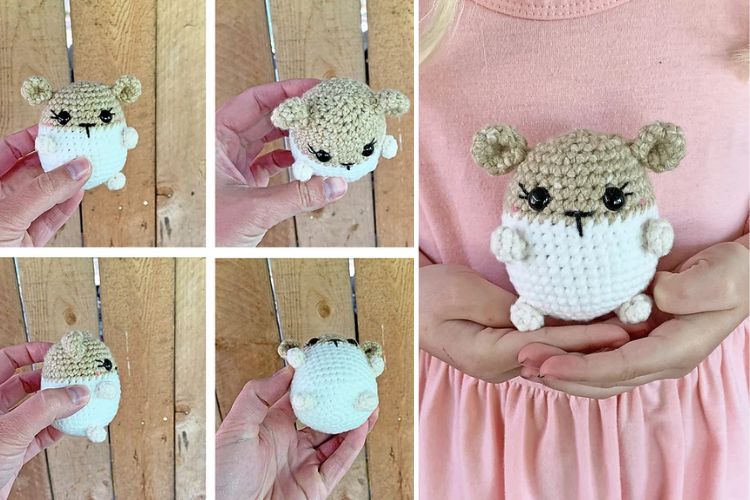 a girl holding a small crochet hamster amigurumi