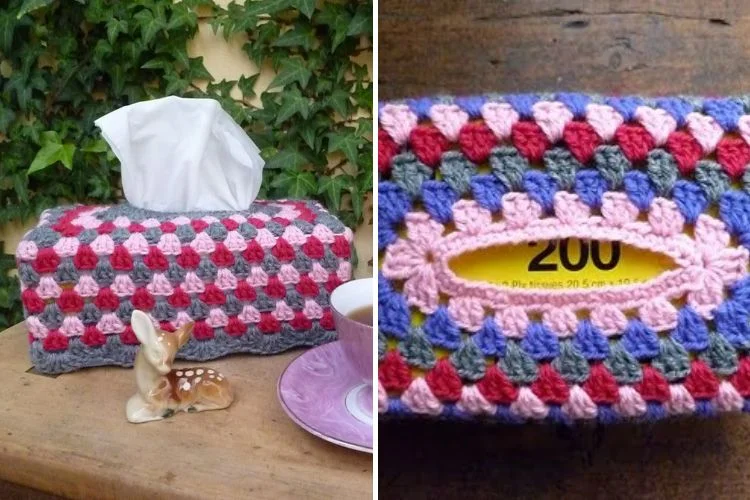 a crochet tissue box cover made with granny stitch