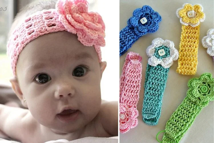 a crochet baby headband with a flower