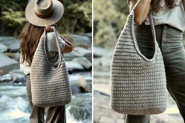 a woman holding a simple crochet bag