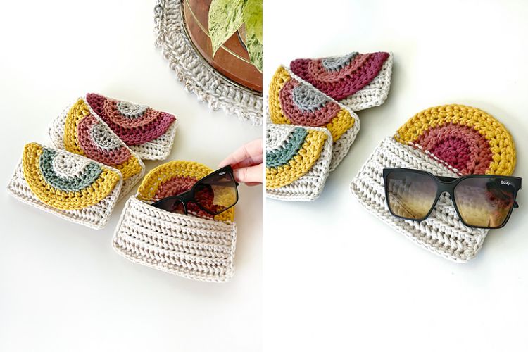 rainbowcolored crochet glasses cases