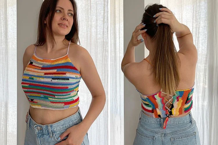 a colorful crochet crop top