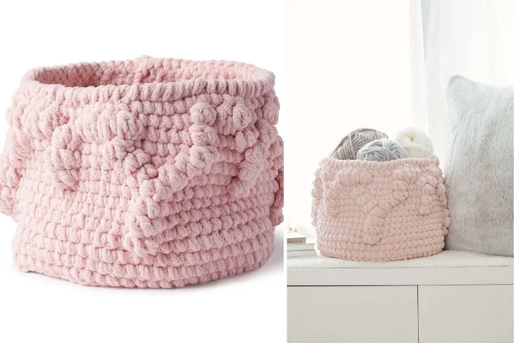 a pink crochet basket