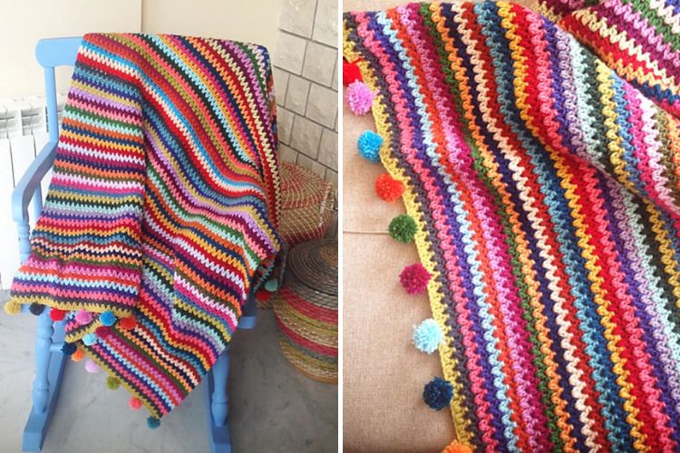 colorful striped crochet blanket with pom poms