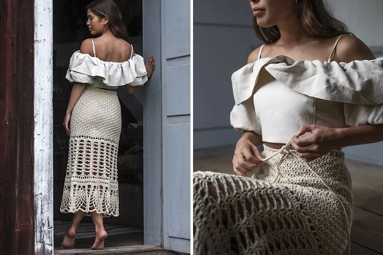 a woman wearing a stylish crochet midi skirt