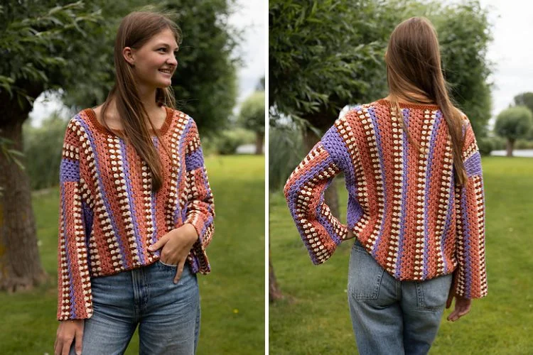 a woman wearing a crochet granny sweater