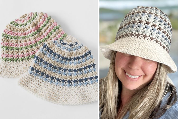 a woman wearing a stylish crochet bucket hat