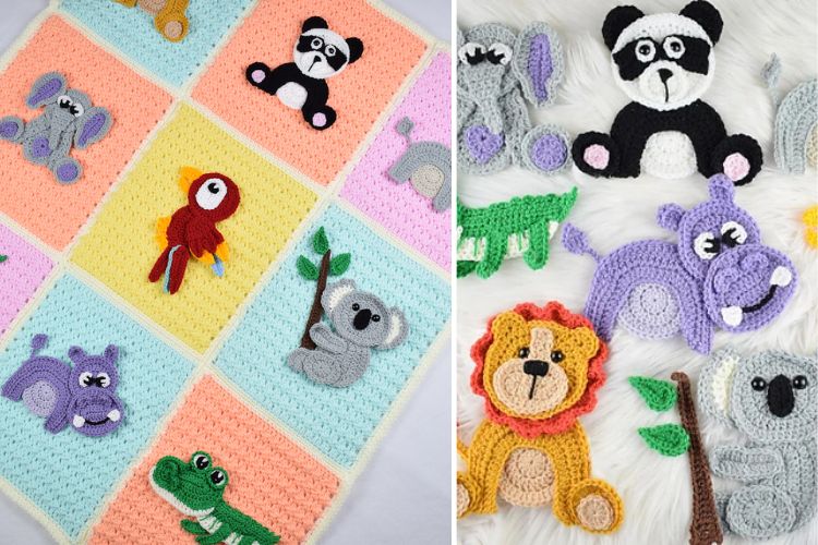 a crochet baby blanket with safari animal appliques