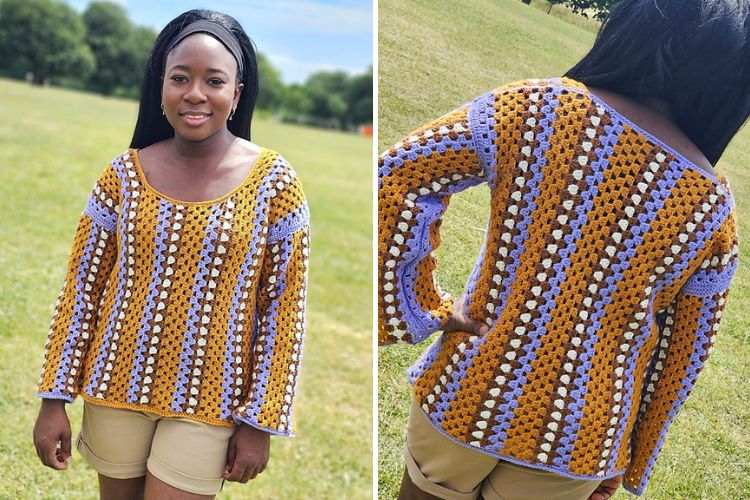 a woman wearing a crochet granny mini dress