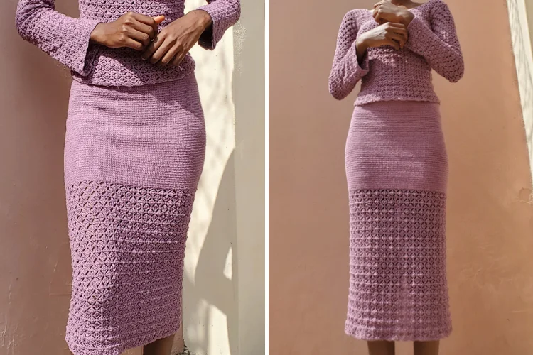 a long crochet skirt in pink