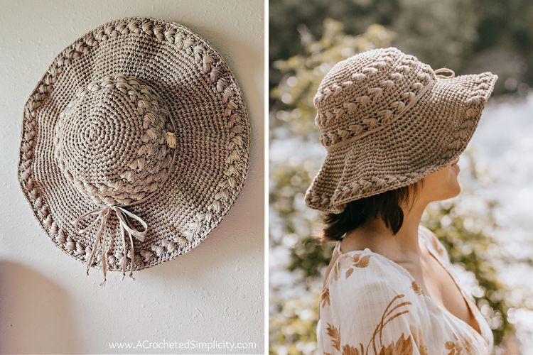 a crochet summer hat in a neutral color