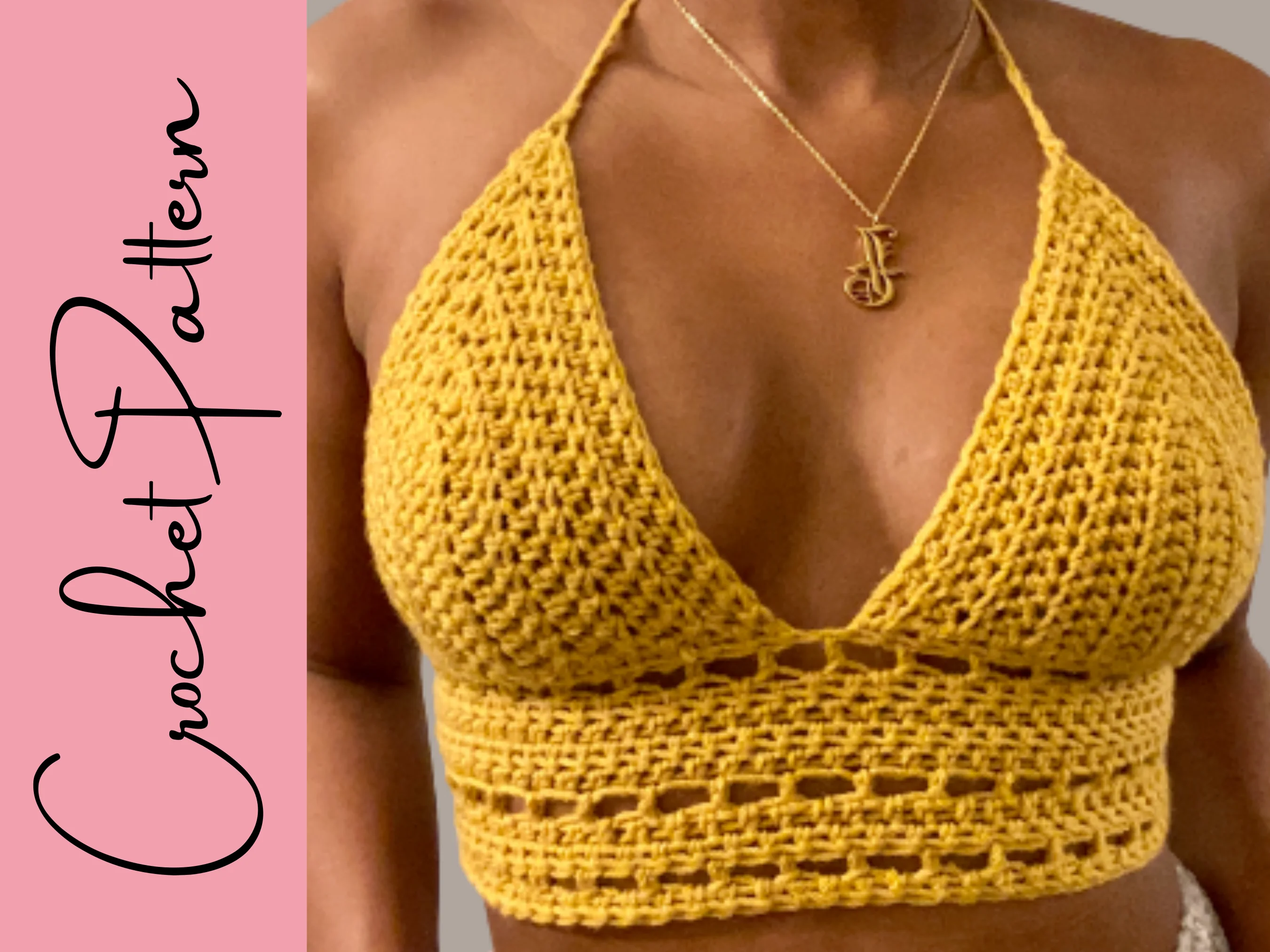 women's bust in crochet crop top in yellow color