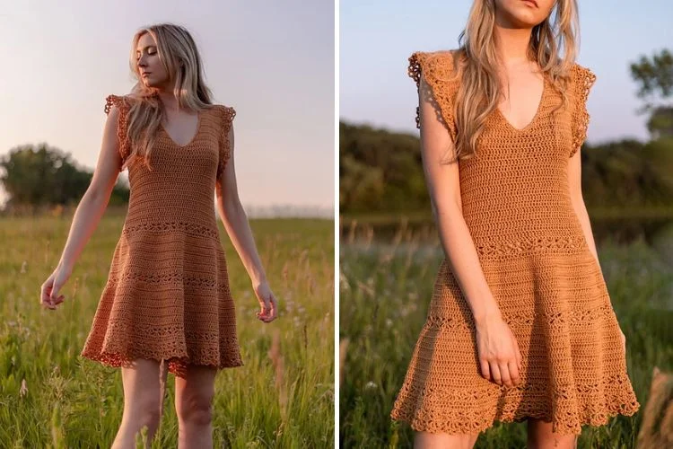 a woman wearing a beautiful crochet dress