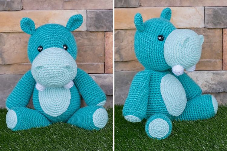 a blue crochet hippo amigurumi