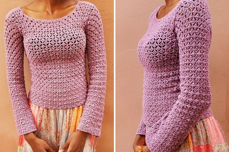 a woman wearing a pink crochet top with long sleeves