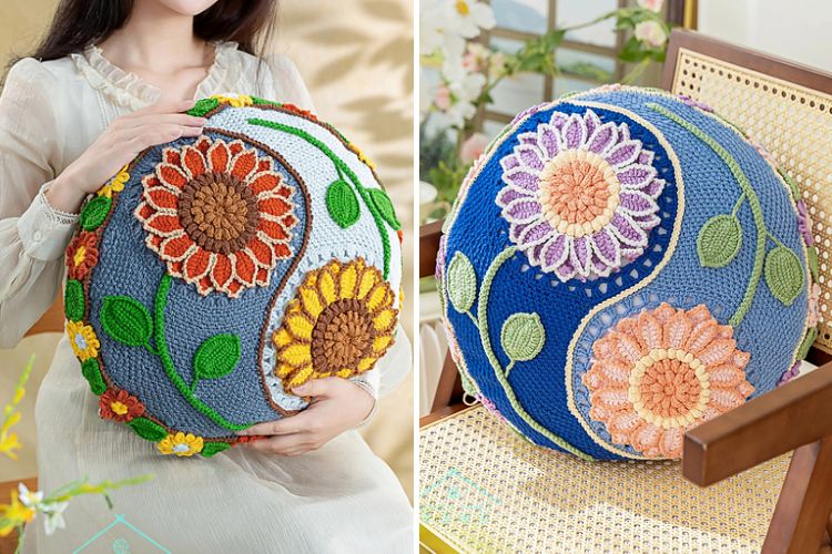 a crochet pillow cover with an intricate sunflower design