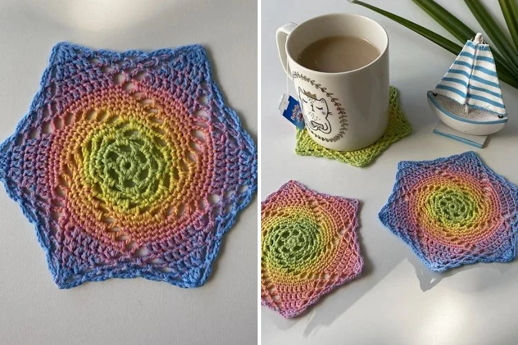 crochet coasters with a spiral design