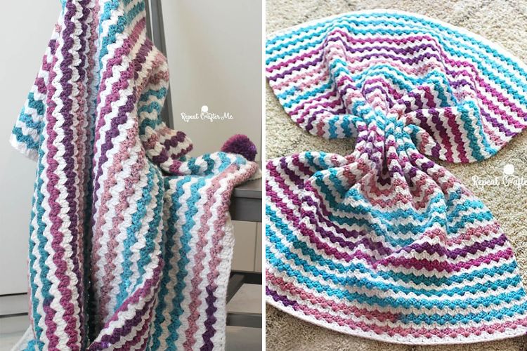 colorful crochet blanket with pom poms