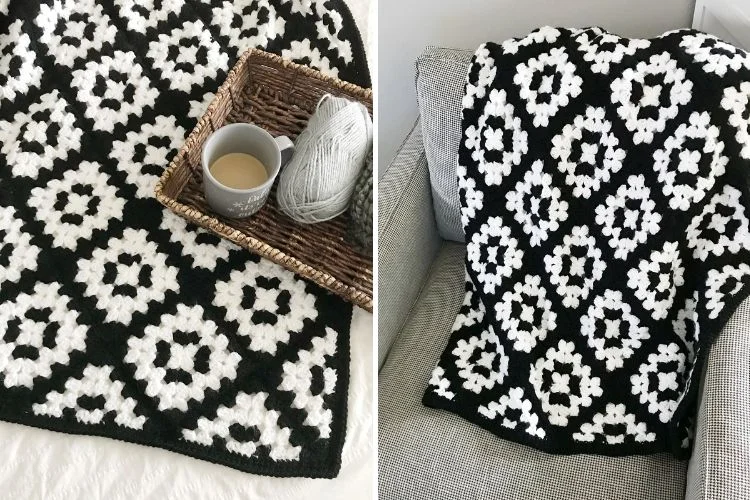 a crochet blanket featuring a diamond design in black and white