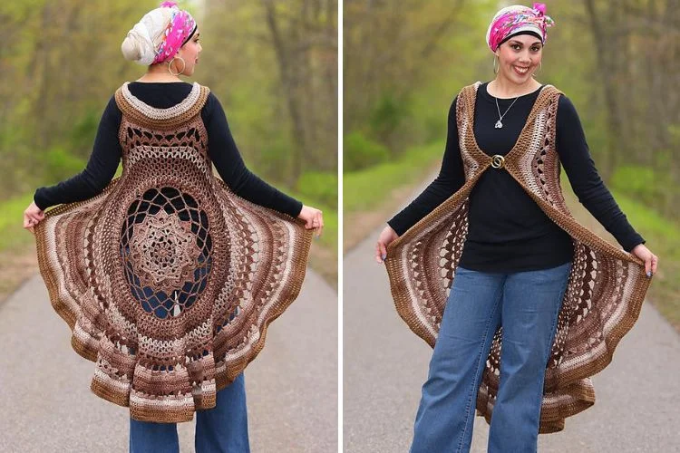 a woman wearing an intricate crochet mandala vest