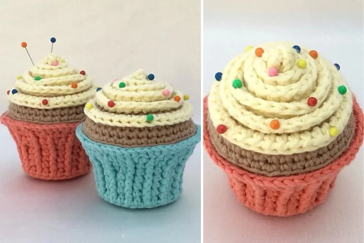 crochet pin cushions shaped like cupcakes