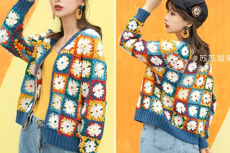 a colorful crochet cardigan made of flower granny squares