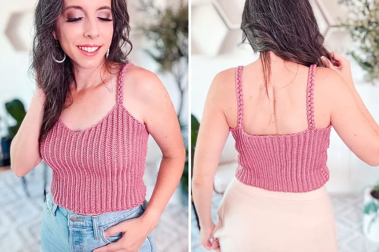 a woman wearing a ribbed crochet tank top