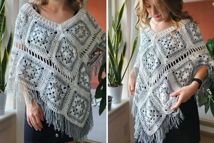 a crochet poncho made of granny squares with tassels